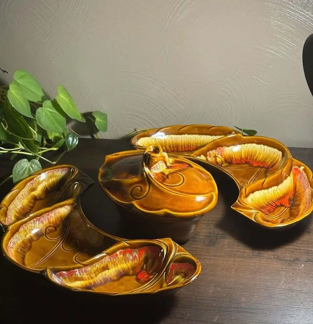 Vtg Maurice of California Mid-Century Modern Drip Glaze Pottery Dip Snack Set